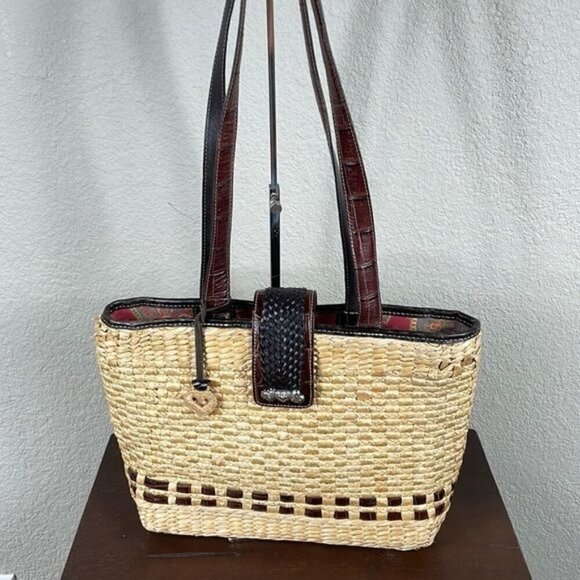 Brighton Straw Raffia Woven Handbag Brown Croc Double Strap Tote Shopper Tan - Picture 1 of 16